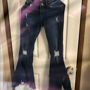 Blue Flare Wide Leg Jeans with Distressed Details